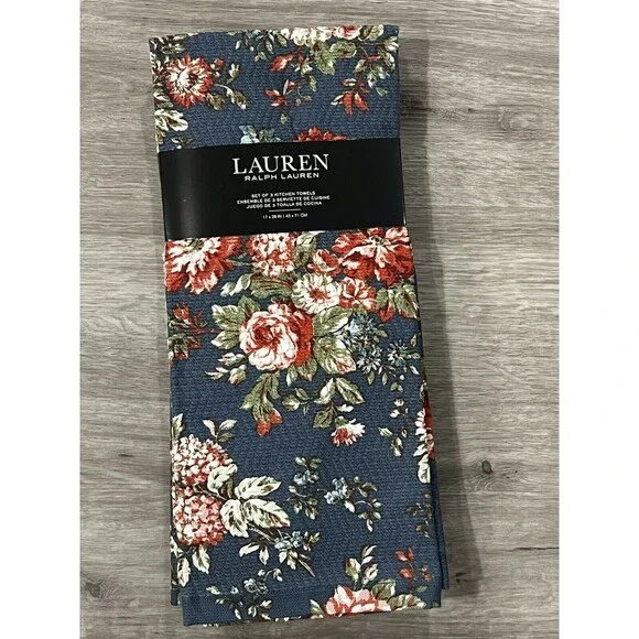 Ralph Lauren Kitchen Towels 3 PC Set Cotton Blue Floral & Solid Green Festive